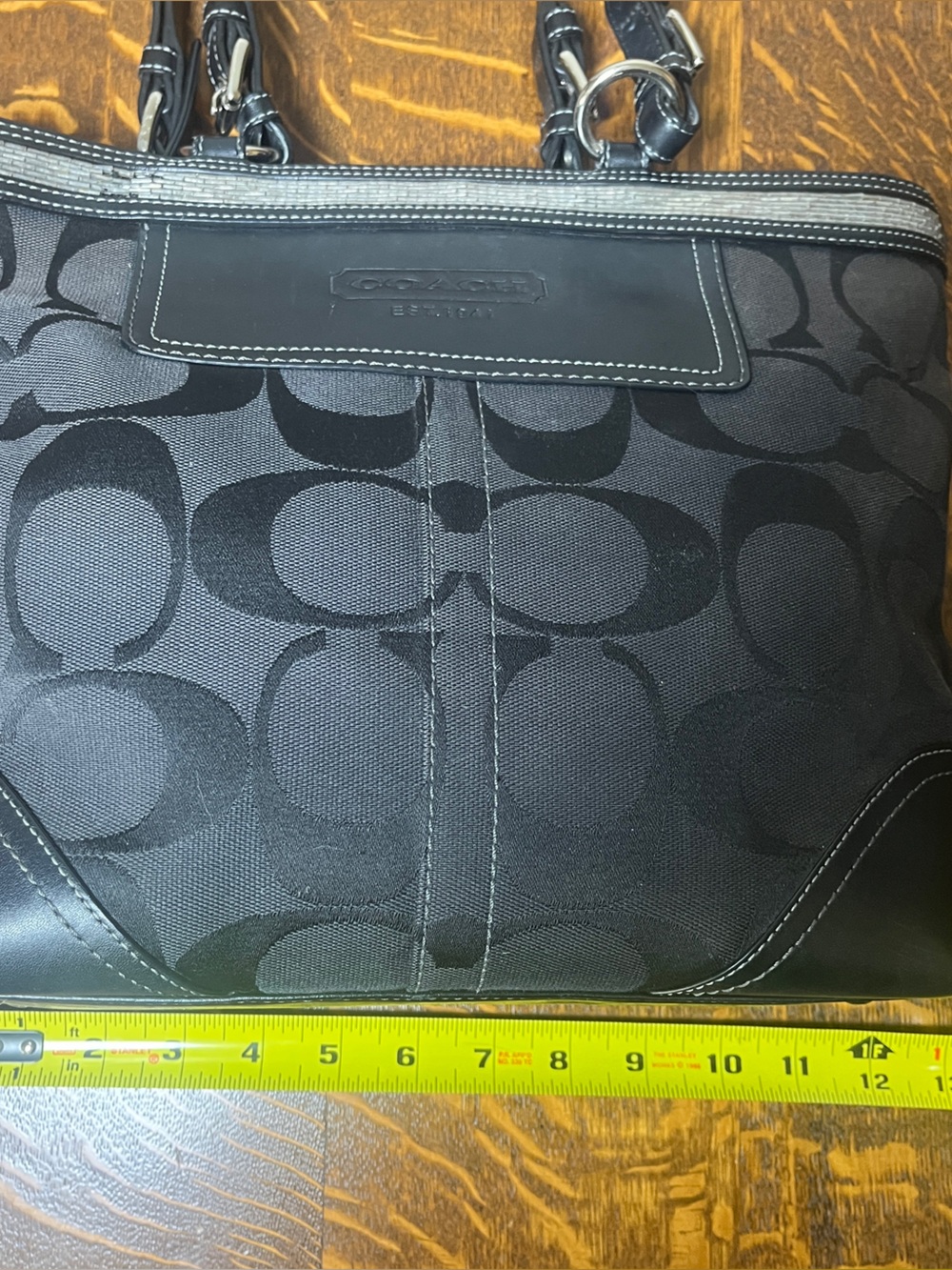 Coach Black Signature Canvas Shoulder Tote with shiny clear bead details. - Picture 4 of 8